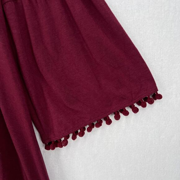 JOHNNY WAS CALME Flute Sleeve Swing Dress Womens Medium Burgundy Maroon Pom Pom - Picture 12 of 15
